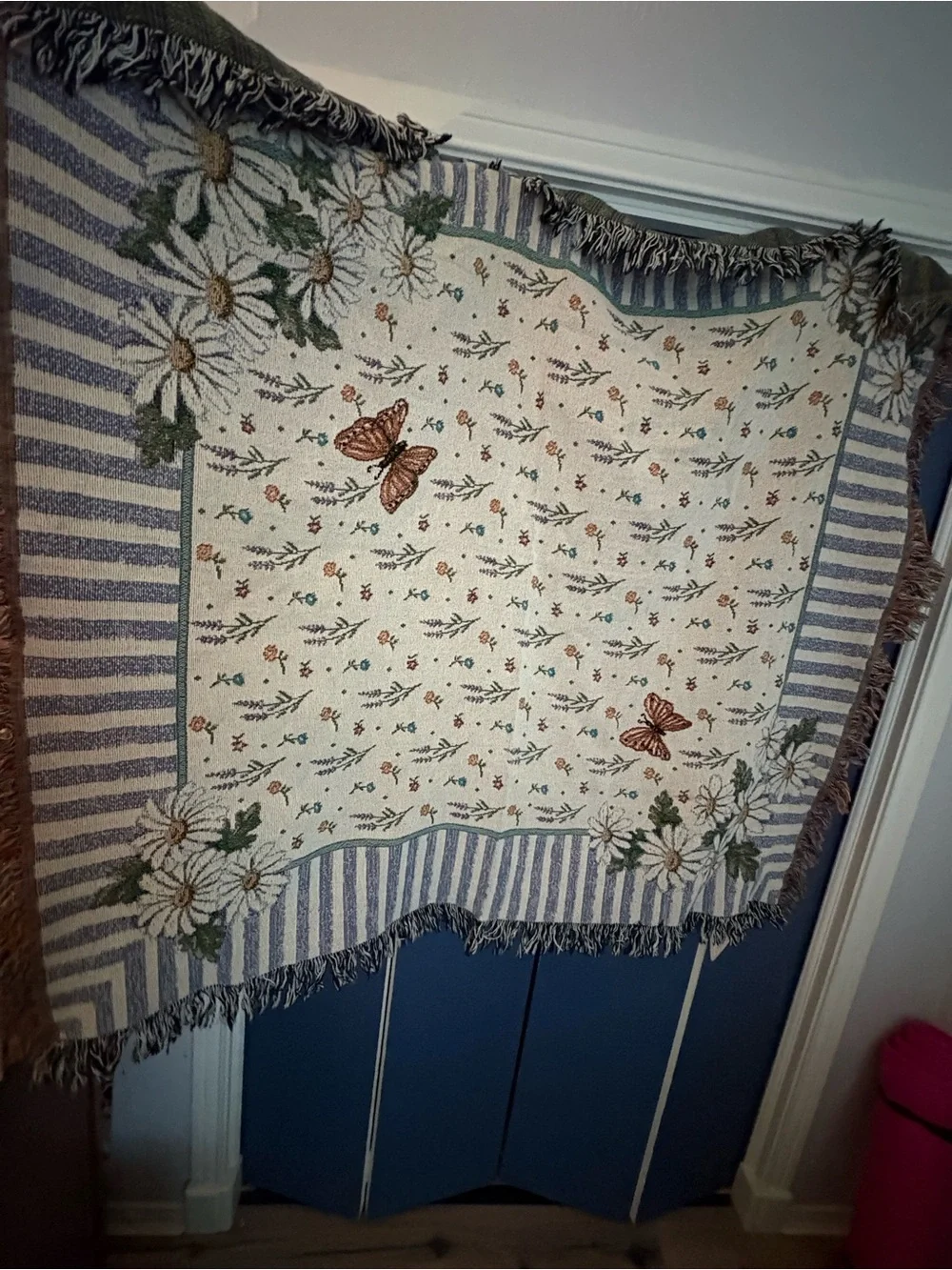Floral & Butterfly Woven Throw - Cream, Blue, Green, Brown